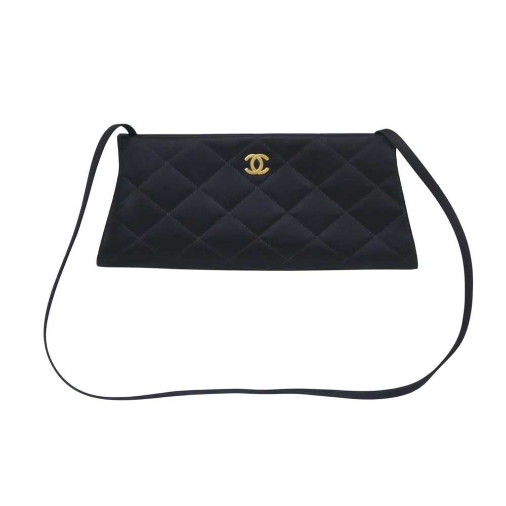 CHANEL Matelasse Satin Shoulder Bag Black Coco Mark